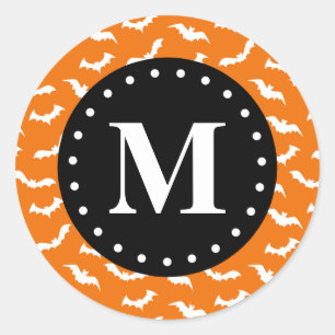 Orange Halloween Bat Pattern Black Monogram Classic Round Sticker