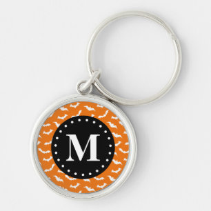 Orange Halloween Bat Pattern Black Monogram Keychain