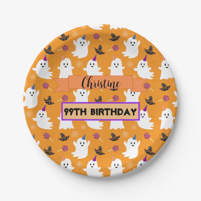 Orange Halloween Ghost Birthday Party Custom Cute Paper Plate (Front)