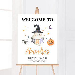 Orange Halloween Ghost Little Boo Welcome Poster