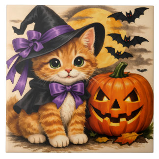 Orange Halloween Kitten with Pumpkin  Tile