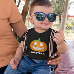 Orange Halloween Pumpkin with Name Baby T-Shirt