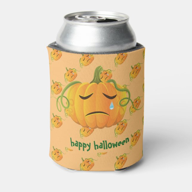 Orange Halloween Sad Pumpkin Seamless Pattern Can Cooler (Can Back)