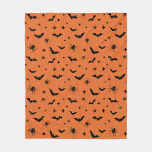 Orange Halloween Scary Bats and Spiders Pattern Fleece Blanket