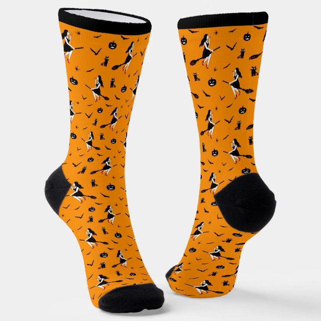 Orange Halloween Socks with Witches&Black Cats (Angled)