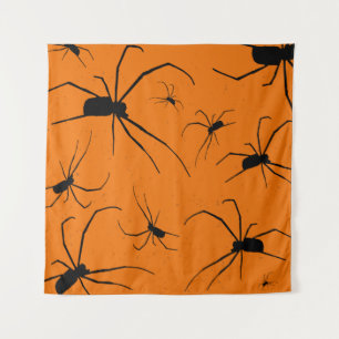 Orange Halloween Spiders Pattern, Black Spider Tapestry