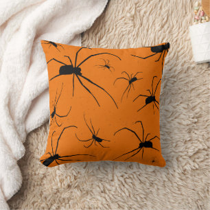 Orange Halloween Spiders Pattern, Black Spider Throw Pillow