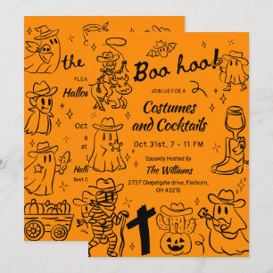 Orange Hand Drawn Cowboy Theme Halloween Party  Invitation