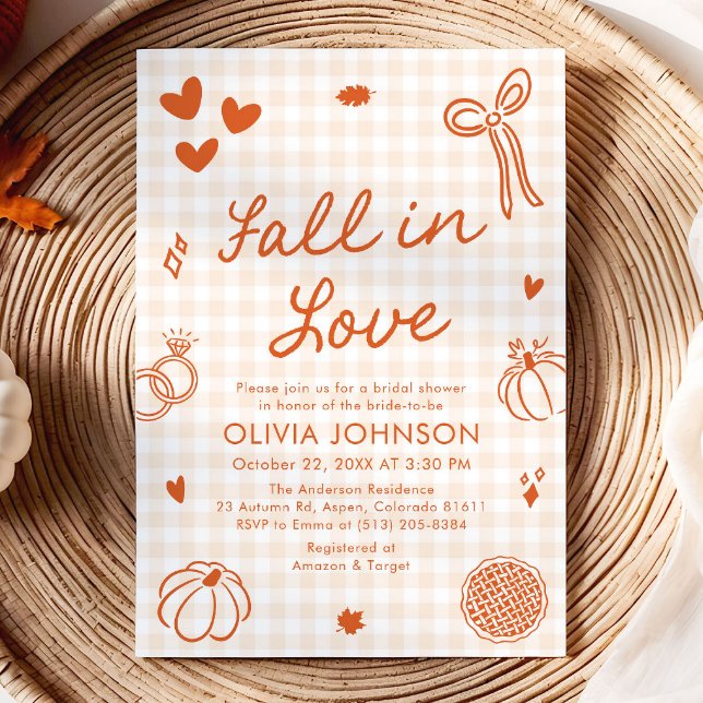 Orange Hand Drawn Fall in Love Bridal Shower Invitation (Orange Hand Drawn Fall in Love Bridal Shower Invitation)