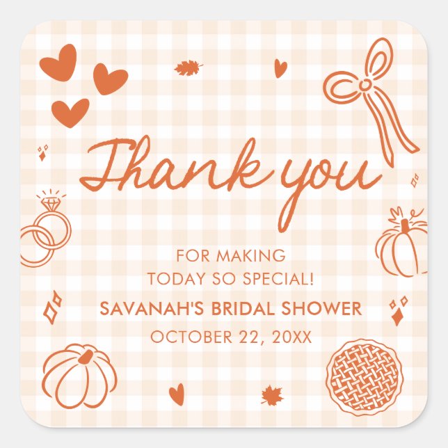 Orange Hand Drawn Fall in Love Bridal Shower Square Sticker (Front)