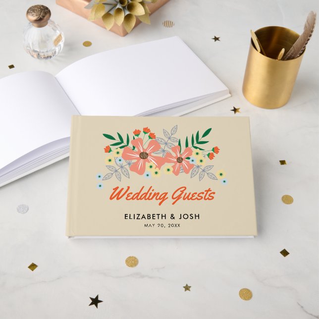 Orange Hand Drawn Flowers, Wedding Guest Book (Front Open)