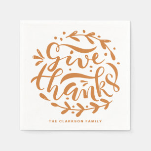 Orange Hand Lettered Give Thanks Thanksgiving Napkin