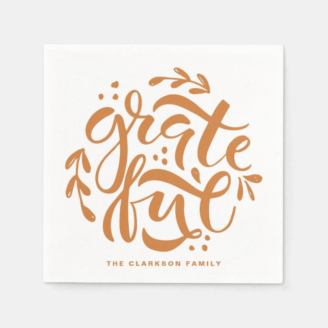 Orange Hand Lettered Grateful Thanksgiving Napkin (Front)