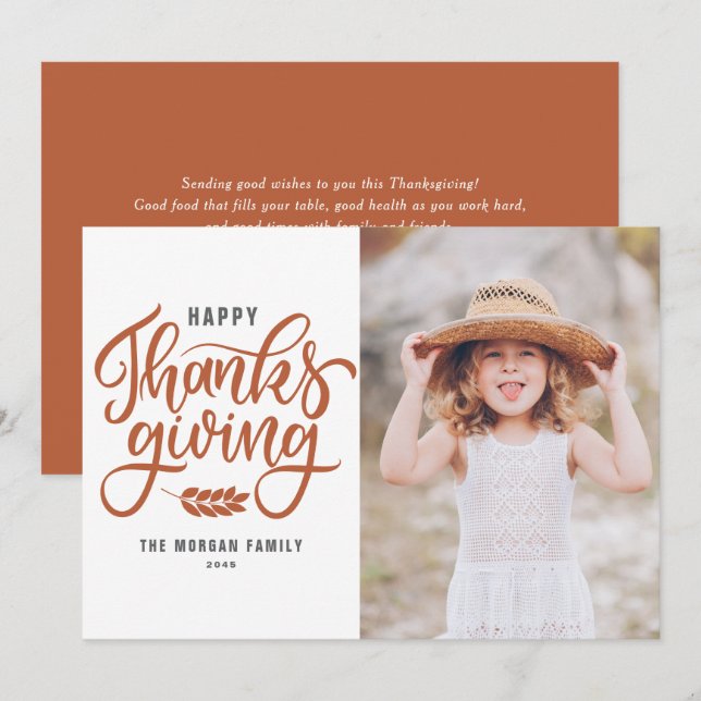 Orange Hand Lettering Happy Thanksgiving Photo (Front/Back)