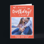 Orange Happy Birthday Custom Photo and Text Card<br><div class="desc">This fun Happy Birthday card features a white celebratory Happy Birthday graphic against an orage background. Add your own photo and the birthday person's name on the front as well as customizing the message below. Personalize even more by customizing the message inside and/or adding your name(s) - or leaving that...</div>