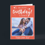 Orange Happy Birthday Custom Photo and Text Card<br><div class="desc">This fun Happy Birthday card features a white celebratory Happy Birthday graphic against an orage background. Add your own photo and the birthday person's name on the front as well as customizing the message below. Personalize even more by customizing the message inside and/or adding your name(s) - or leaving that...</div>