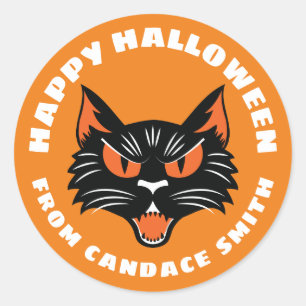 Orange Happy Halloween Black Cat Personalized Classic Round Sticker