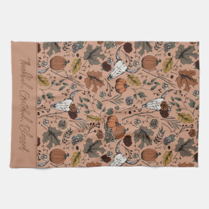 Orange Harvest and Horns Thankful Grateful Blessed Kitchen Towel