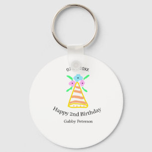 Orange hat 2nd birthday kids retro floral bright b keychain