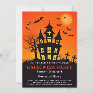 Orange Haunted House Halloween Party Invitation Ba