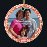 Orange Hawaiian Hibiscus Christmas Photo Ornament<br><div class="desc">To resize or reposition the photo,  click on the Customize It button. This design features a Hawaiian hibiscus pattern on the border.  You can add a message,  or remove the text to just have a photo.  Photo and text will appear on both sides.  Please message me with any questions.</div>