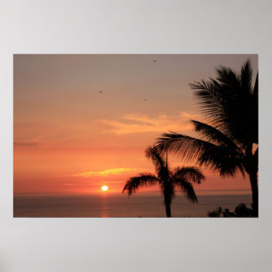 Orange Hawaiian Sunset Sky with Birds and Palms Poster