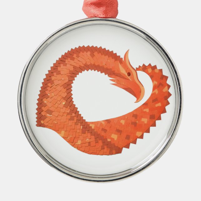 Orange heart dragon on white metal ornament (Front)