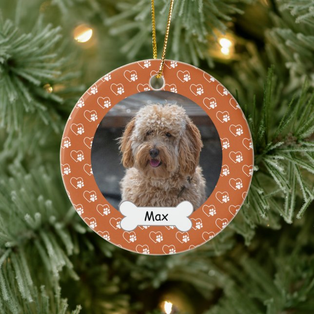 Orange Hearts Paws Custom Pet Puppy Dog Photo Ceramic Ornament (Tree)