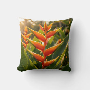 Orange Heliconia Tropical Flower Golden Hour  Throw Pillow