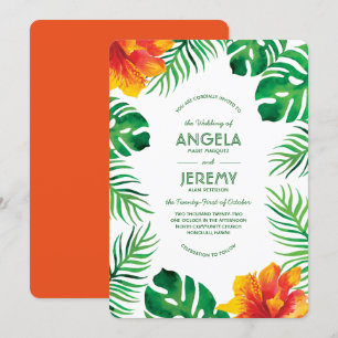 Orange Hibiscus and Tropical Leaves 2 Wedding Invitation