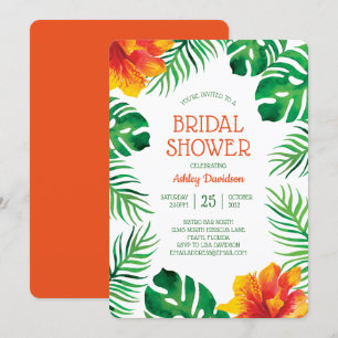 Orange Hibiscus and Tropical Leaves Bridal Shower Invitation