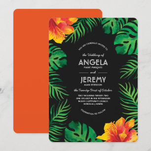 Orange Hibiscus and Tropical Leaves Wedding Invitation