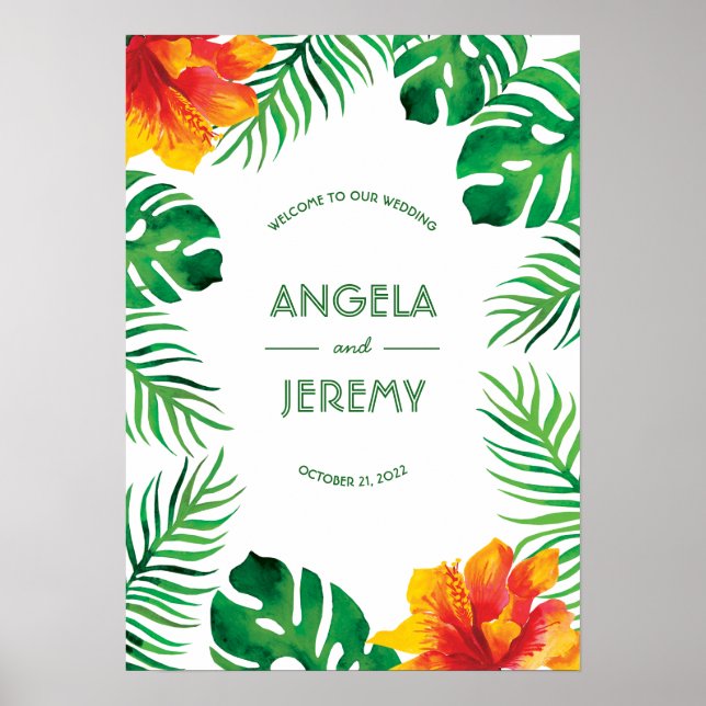 Orange Hibiscus and Tropical Leaves Wedding Poster (Front)