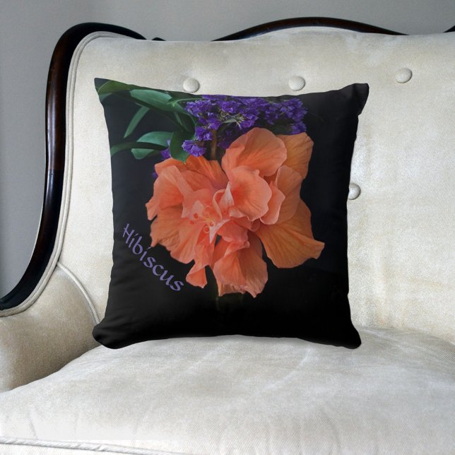 Orange Hibiscus Flower Dramatic Black Throw Pillow (Creator Uploaded)