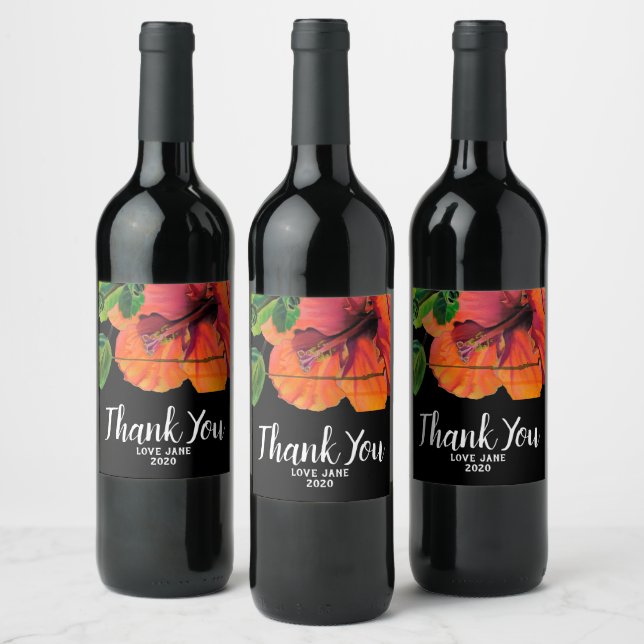 orange hibiscus flower modern thank you gift wine label (Bottles)