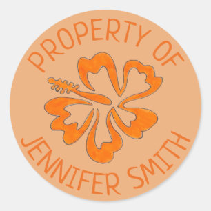 Orange Hibiscus Flower Personalized Property of Classic Round Sticker
