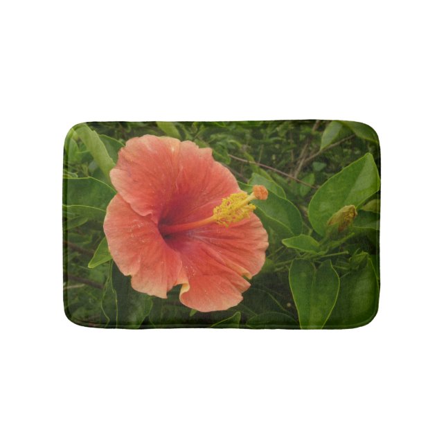 Orange Hibiscus Flower Tropical Floral Bath Mat (Front)