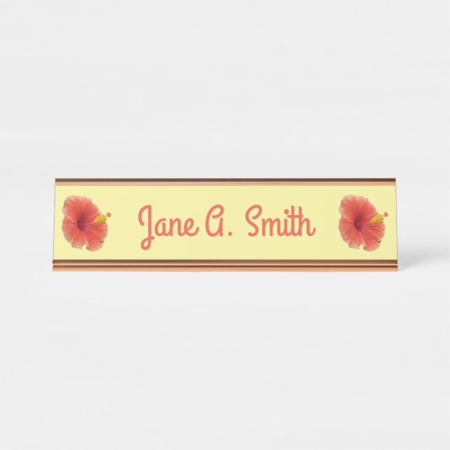 Orange Hibiscus Flower Tropical Floral Desk Name Plate (Front)