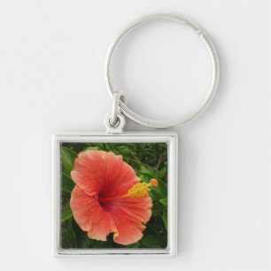 Orange Hibiscus Flower Tropical Floral Keychain