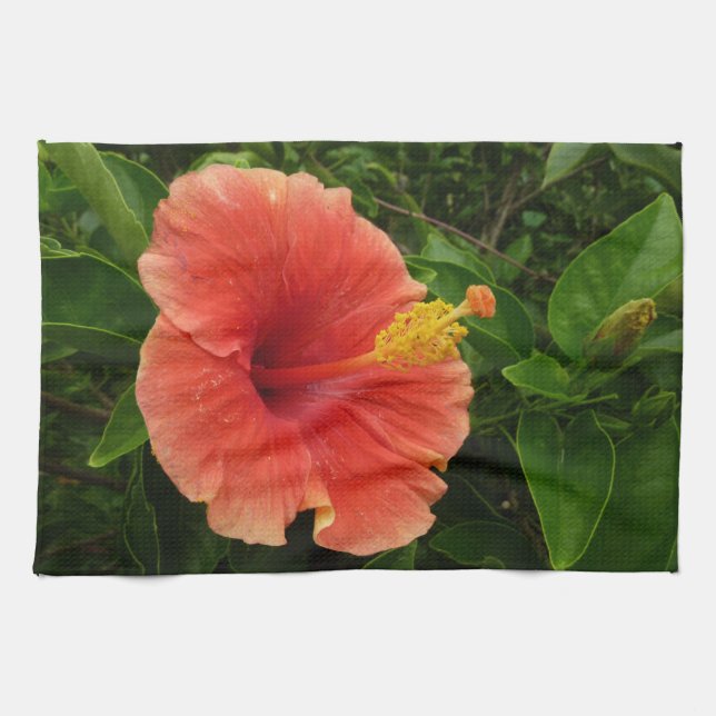 Orange Hibiscus Flower Tropical Floral Kitchen Towel (Horizontal)