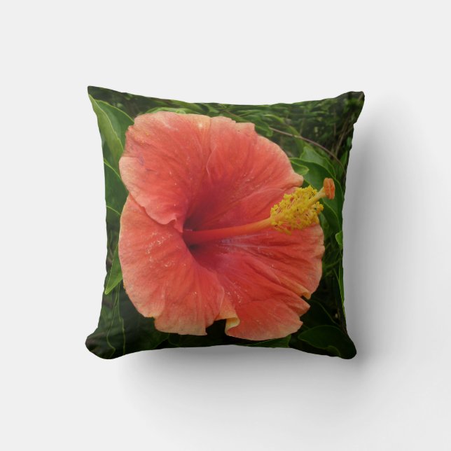 Orange Hibiscus Flower Tropical Floral Throw Pillow (Front)