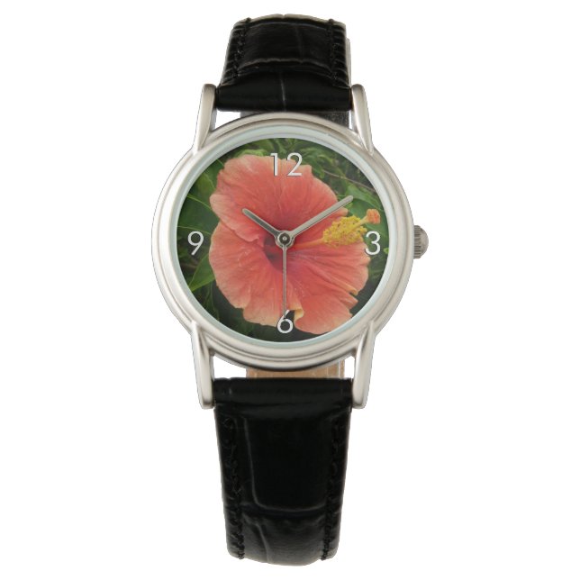 Orange Hibiscus Flower Tropical Floral Watch (Front)