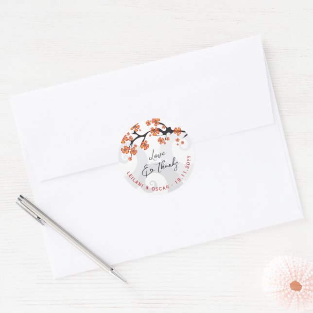 Orange Hibiscus Flowers Swirls Tropical Wedding Classic Round Sticker (Envelope)