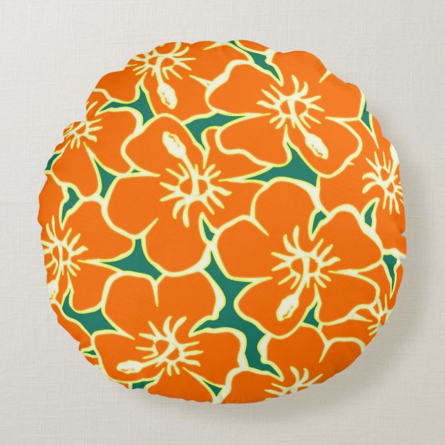 Orange Hibiscus Flowers Tropical Hawaiian Luau Round Pillow (Front)
