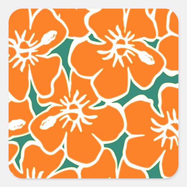 Orange Hibiscus Flowers Tropical Hawaiian Luau Square Sticker (Front)