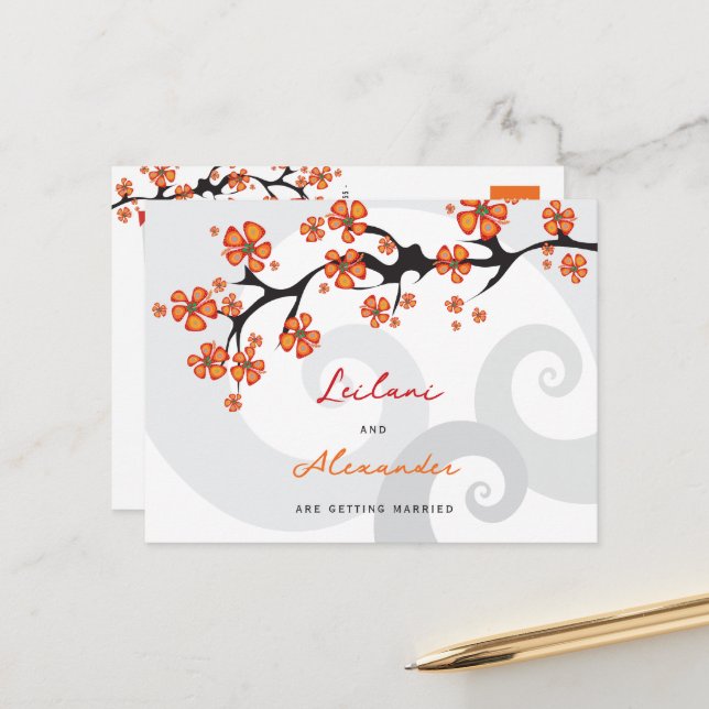 Orange Hibiscus Grey Swirls Tropical Save The Date Announcement Postcard (Front/Back In Situ)