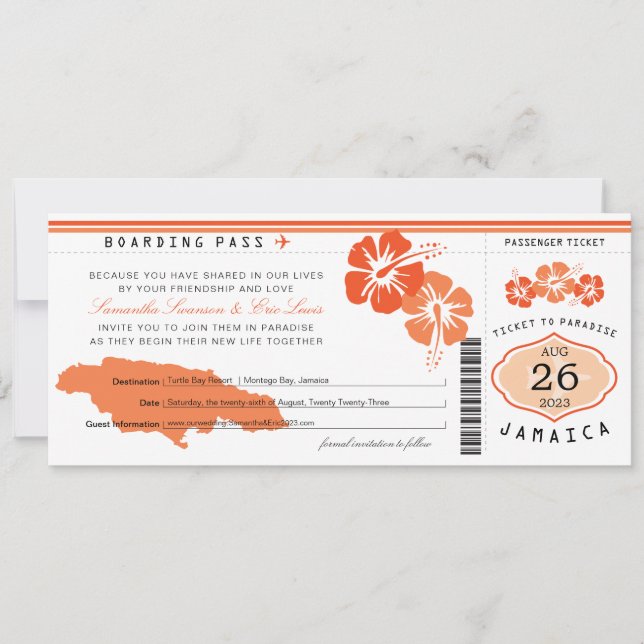 Orange Hibiscus Jamaica Boarding Pass Wedding Save The Date (Front)