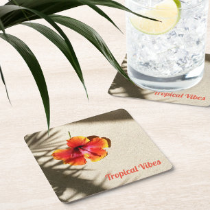 Orange Hibiscus Tropical Floral Square Paper Coaster