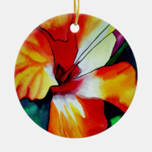 Orange Hibiscus tropical flower watercolor art Ceramic Ornament