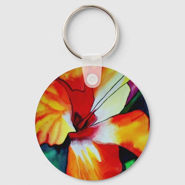 Orange Hibiscus tropical flower watercolor art Keychain (Front)